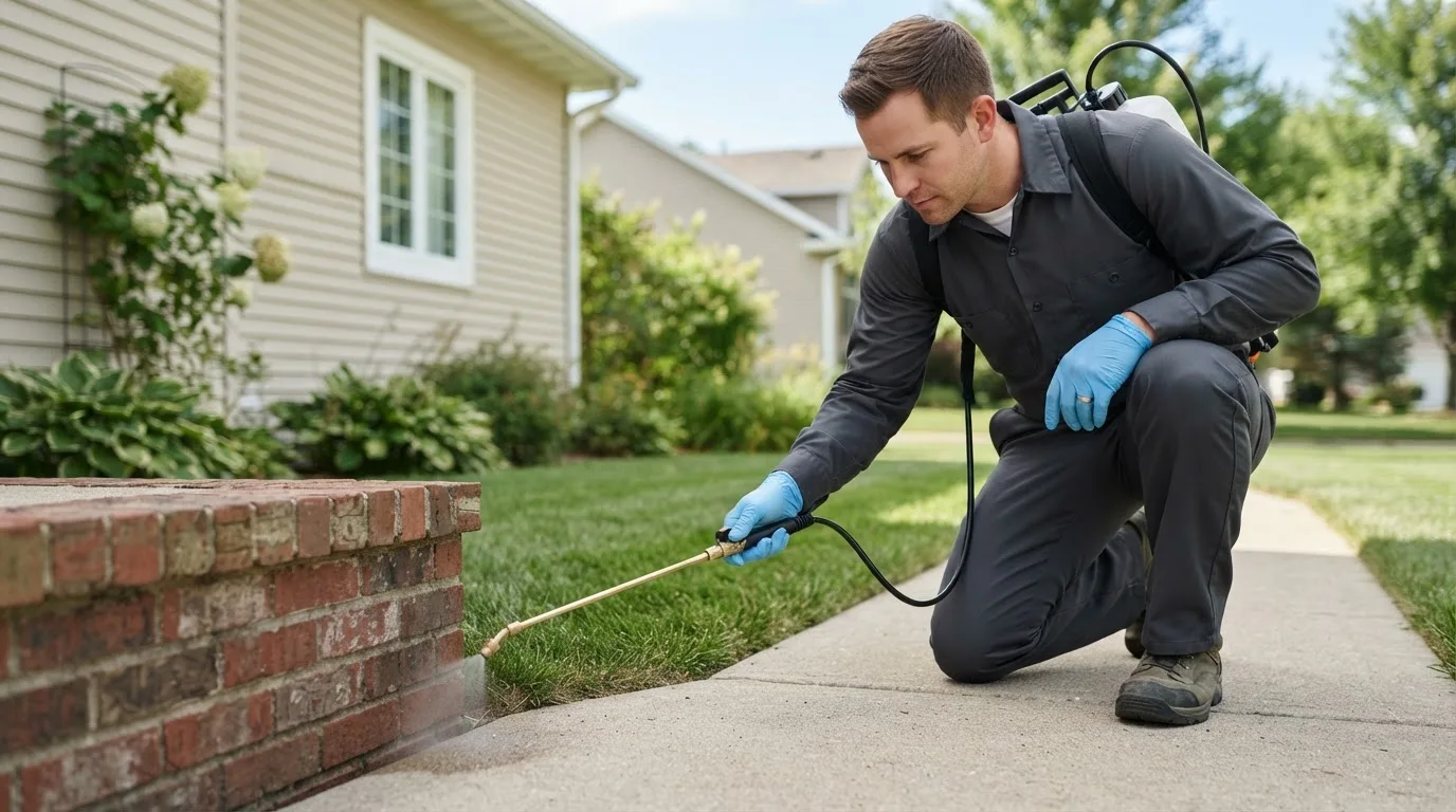 Pest control technician treating a home near New Haven, OH